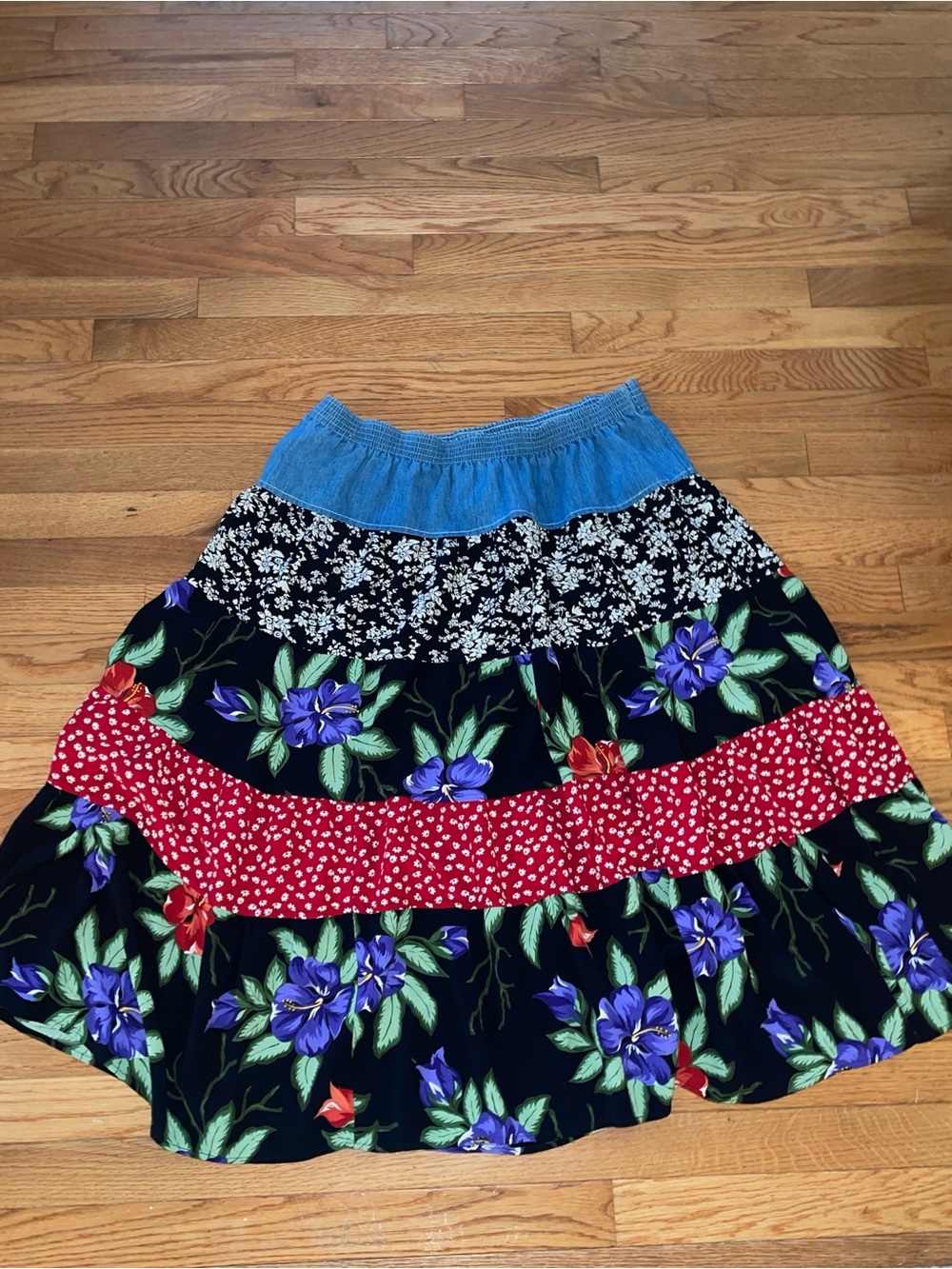 Carole Little Multi-Color Floral Tiered A-Line Skirt, patchwork, 90’s, Boho